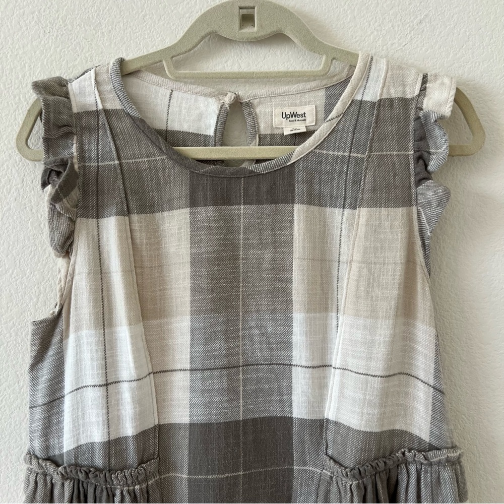 UpWest Plaid Flannel Babydoll Mini Dress Flutter Sleeve Beige Gray NWT Size M - Picture 8 of 15